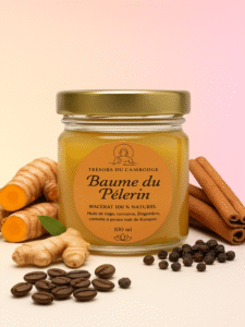 Baume du pélerin, huile de coco, curcuma bio, gingembre bio, cannelle bio, café robusta et poivre de Kampot, trésors du Cambodge