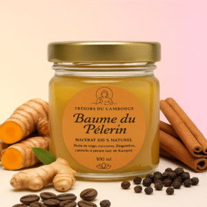 Baume du pélerin, huile de coco, curcuma bio, gingembre bio, cannelle bio, café robusta et poivre de Kampot, trésors du Cambodge