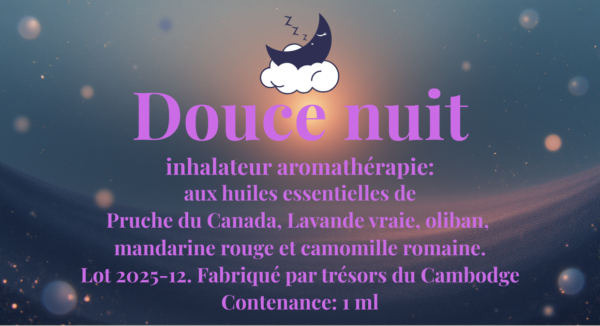 Inhalateur aux huiles essentielles "Douce nuit", trésors du Cambodge